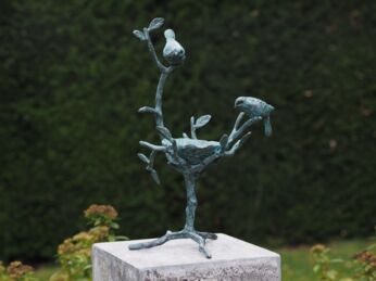 Bronzen beeld 2 vogels op tak met nestje