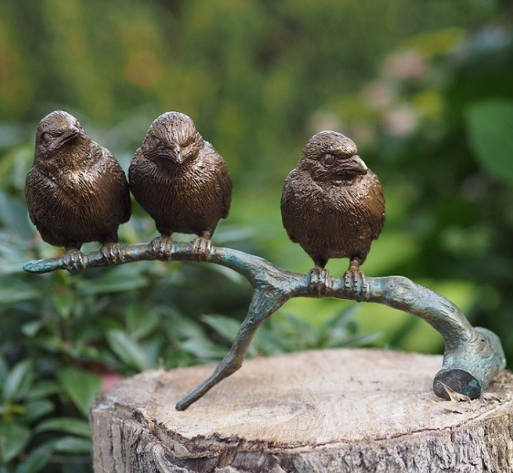 Bronzen beeld 3 vogels op tak klein